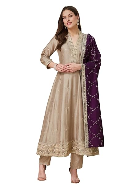 MOKOSH Women’s Silk Anarkali Suit Floral Thread & Sequin Embroidered Kurta Pant Dupatta Set Ethnic Wear
