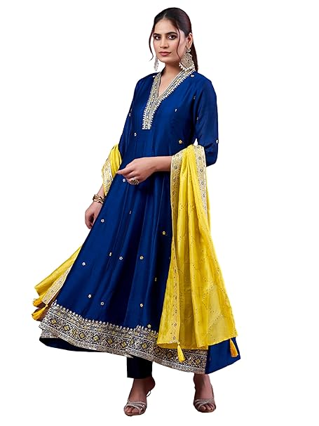 MOKOSH Women's Teal Blue Silk Embroidered Kurta Pant Dupatta Set