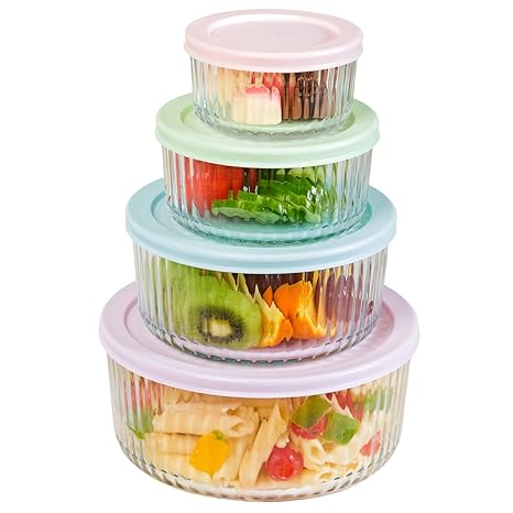 Nestasia Food Safe Glass Containers with Lid Set of 4 (XS-230ml, S-460ml, M-950ml, L-1650ml), Borosilicate Glass Containers for Fridge Storage, Microwave, Dishwasher & Refrigerator Safe, Transparent