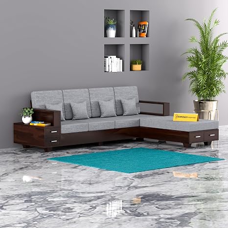 NEW MAMTA CRAFT Sheesham Wooden 5 Seater L- Shape Sofa for Living Room | Solid Wood Sofa with Side Box Storage & Cushion | Rosewood Sofa Set for Home & Office | Lounge (Walnut Finish, 5 Seater)