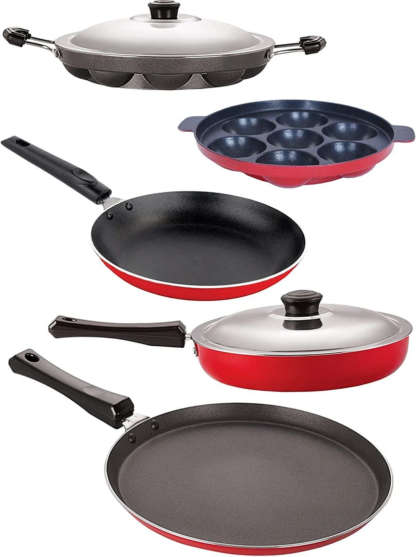 NIRLON 5 Piece Flat Base Non-Stick Coated Kitchen Essential Combo Item Gift Set with Steel Lid