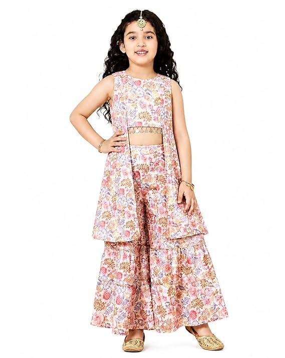 Pspeaches Girls Cotton Short Sleeve Round Neck Floral Print Kurta And Pant With Dupatta 3 Piece Set|Ethnic Wear For Baby Girls|Traditional & Festive Outfit