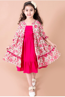 Pspeaches Girls Pink Cotton Dress With Floral Print Cape