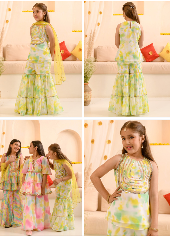 Pspeaches Girls White And Green Tie Dye Georgette Kurta Sharara Dupatta Set