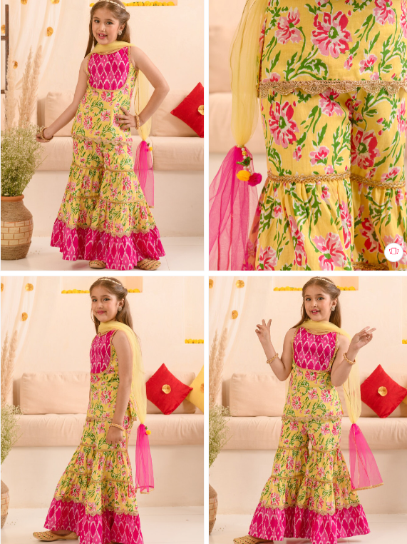 Pspeaches Girls Yellow And Pink Cotton Kurta Sharara Dupatta Set
