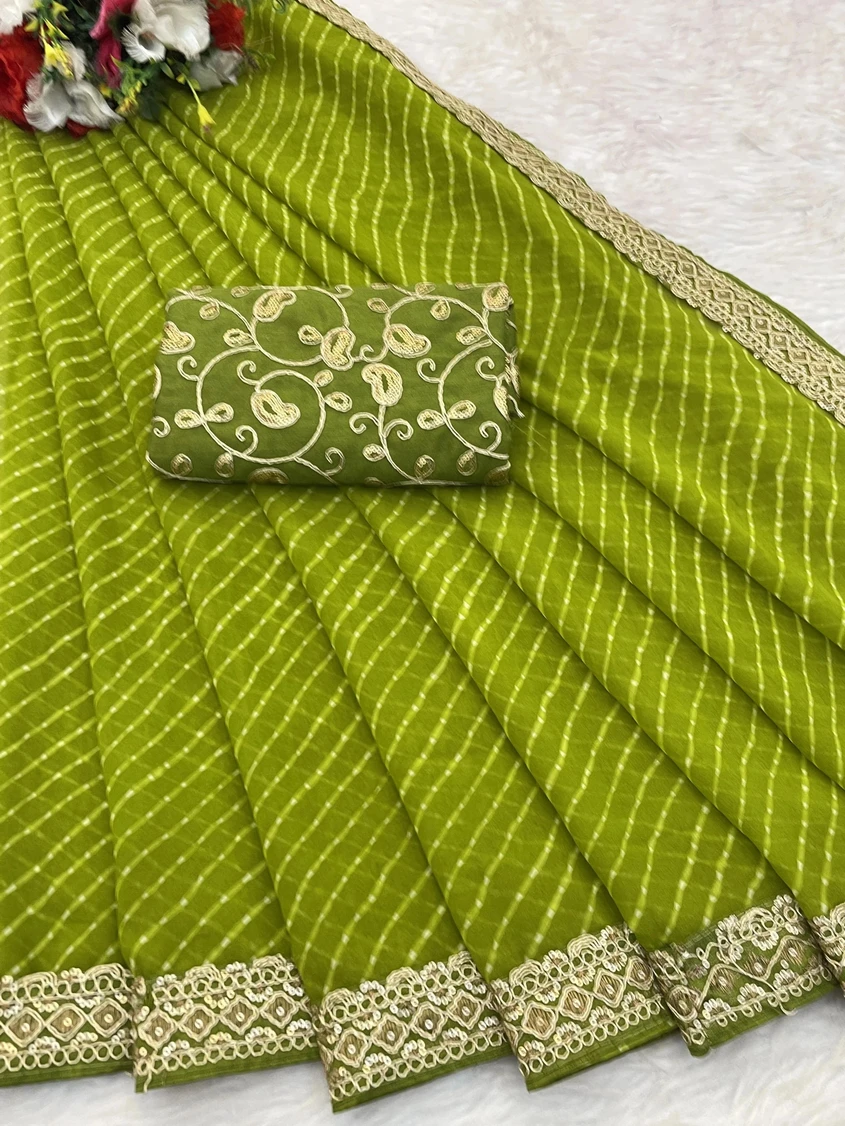 RHG Fashion Embroidered Bandhani Georgette Saree (Green)