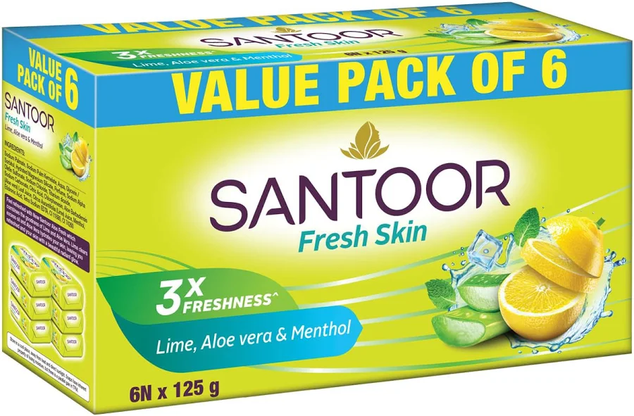 Santoor Fresh Skin Aloe Vera & Lime Bathing Soap with Nourishing & Anti-Aging Properties| For Smooth & Soft and Younger-Looking Skin| For All Skin