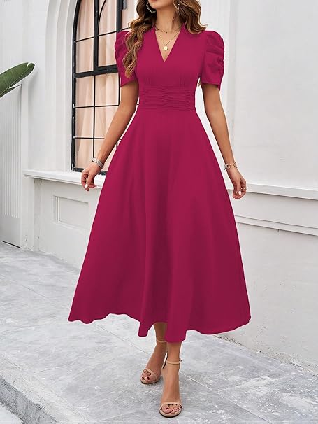 Shasmi Girl's & Women's Solid Color V-Neck A-Line Maxi Dress for Women | New Year Party Outfit | Waist Cinched Puff Sleeve Western | Elegant Casual Wear (Dress 246)