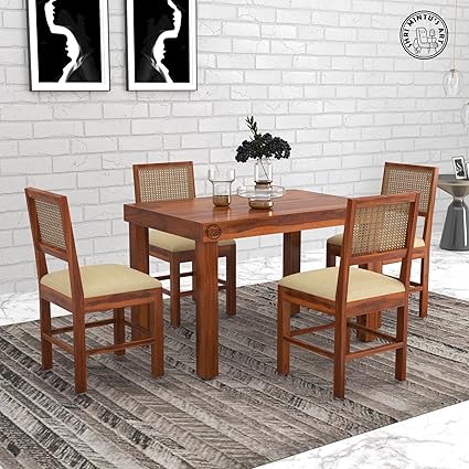 SHRI MINTU'S ART Wooden 4 Seater Dining Table Set | Four Seater Dinning Table with Cushioned Chairs for Home | Dining Room Furniture for Kitchen & Restaurants | Solid Wood Sheesham, Honey
