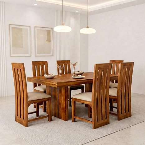 SONA ART & CRAFTS Poster Sheesham Wood Dining Table Set 6 Seater Dinner Dinning Table with Jute Cushion 6 Chair for Dining Furniture for Living Room Home Hotel Office Self Assembly (Natural Finish)