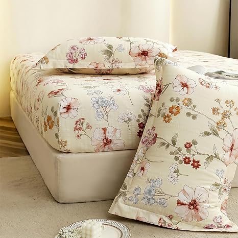 Story@Home Cloud Cotton Fitted BEDSHEET (72 X 78 Inch) 360 Elastic King Size with 2 Pillow Covers | Super Soft Bed Sheet for King Size Bed Floral Design (White, Red)