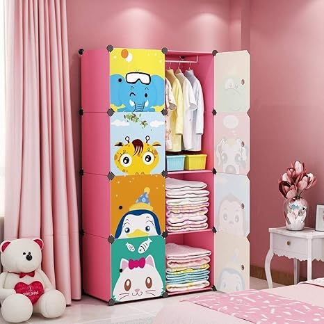 Sunderlook Plastic Wardrobe for Kids Clothes – Collapsible Wardrobe, Easy to Use Anti-Skid & Non-Slip Effective Professional Foldable Plastic Cupboard for Kids, Home (Pink-HY, 8 Door)