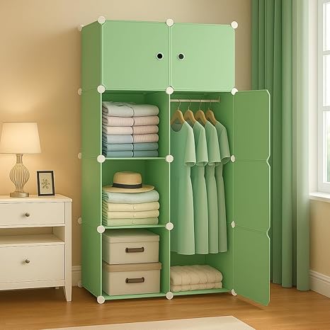 Sunderlook Plastic Wardrobe for Kids Clothes – Professional Collapsible Wardrobe, Easy to Use Foldable Almirah, Plastic Cupboard for Kids for Home (Green-Y3, 8 Door)