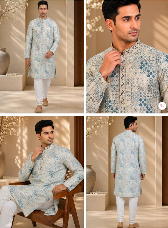 TATTVA Men Printed Regular Thread Work Kurta With Pyjamas