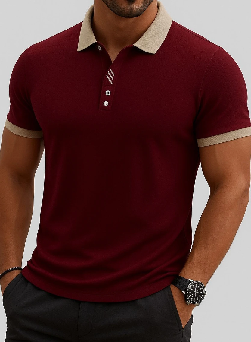 TAZO Men Colorblock Polo Neck Cotton Blend Maroon T-Shirt