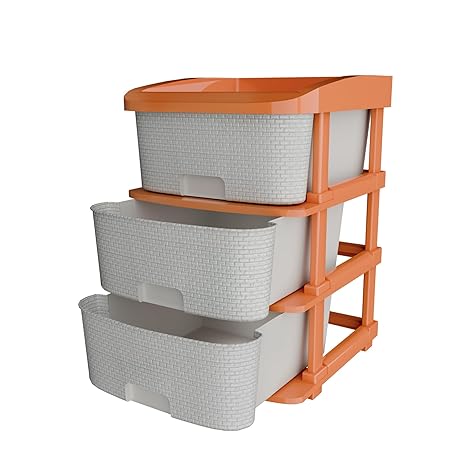 TEX-RO Plastic Modular Drawer Storage Chest Of Drawers Organizer Storage Box, Large Stomo Racks For Multipurpose Organizers | White | 3 Layer