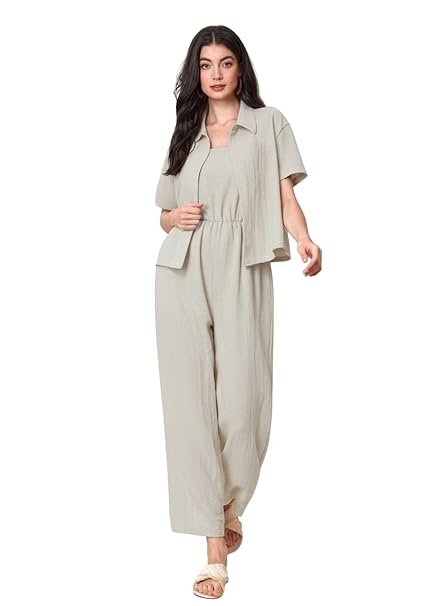 TOPLOT Women's Jumpsuit Co-ord Set | Soft Breathable Feel | Comfortable Fit with Easy Movement | Stylish One-Piece Outfit Design | Perfect for Casual & Travel (Jump-Suit-5225-Cream-S)