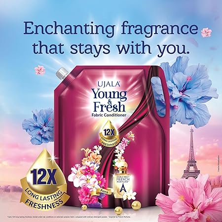 UJALA Young & Fresh Fabric Conditioner - 2L Pouch [ Aura ] | After Wash Fabric Conditioner with Long-Lasting Fragrance | Powered with French Perfume | Suitable for Bucket Wash and Machine Wash,Liquid