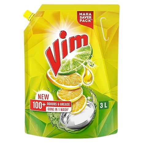 Vim Dishwash Liquid 3 L pouch | Removes 100+ Odours & Grease in 1 wash | With the power of 100 Lemons