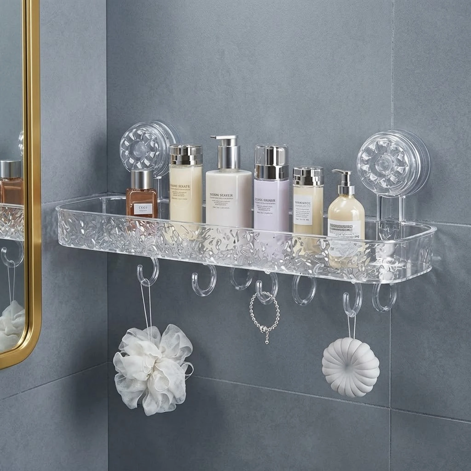 vyapt Transparent Wall Mounted Storage Suction Cup Rack with 4 Hooks Organizer Crystal Wall Shelf