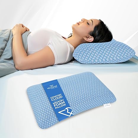 WELLGIVER Ergonomic Memory Foam Pillow for Neck Pain | 2 Years Warranty | 21 x 14 x 4.5 Inch | Orthopedic Pillow for Side Sleeping | Removable Washable Jacquard Blue Cover | Pack of 1