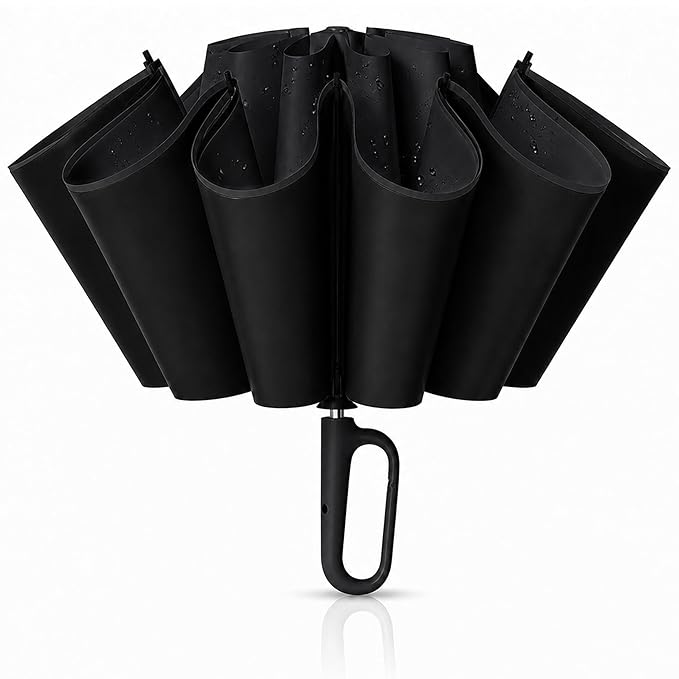 Zemic UV Reversible Umbrella with Novelty Carabiner Handle, Travel-Friendly Umbrellas for Sun & Rain Protection, Windproof Compact, Automatic Open/Close, 8 Dual Ribs, Portable Umbrella for Men and Women (Black)