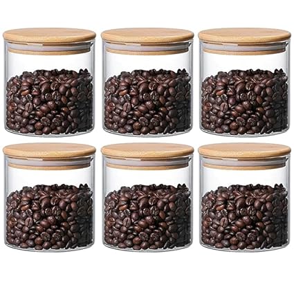 685ML Round Borosilicate Glass Jar With Wooden Lid Storage Container with Airtight Bamboo Lid Food Storage Containers For Coffee, Flour, Sugar, Candy, Spice Storage Jar (685ML JARS, 6 PCS)