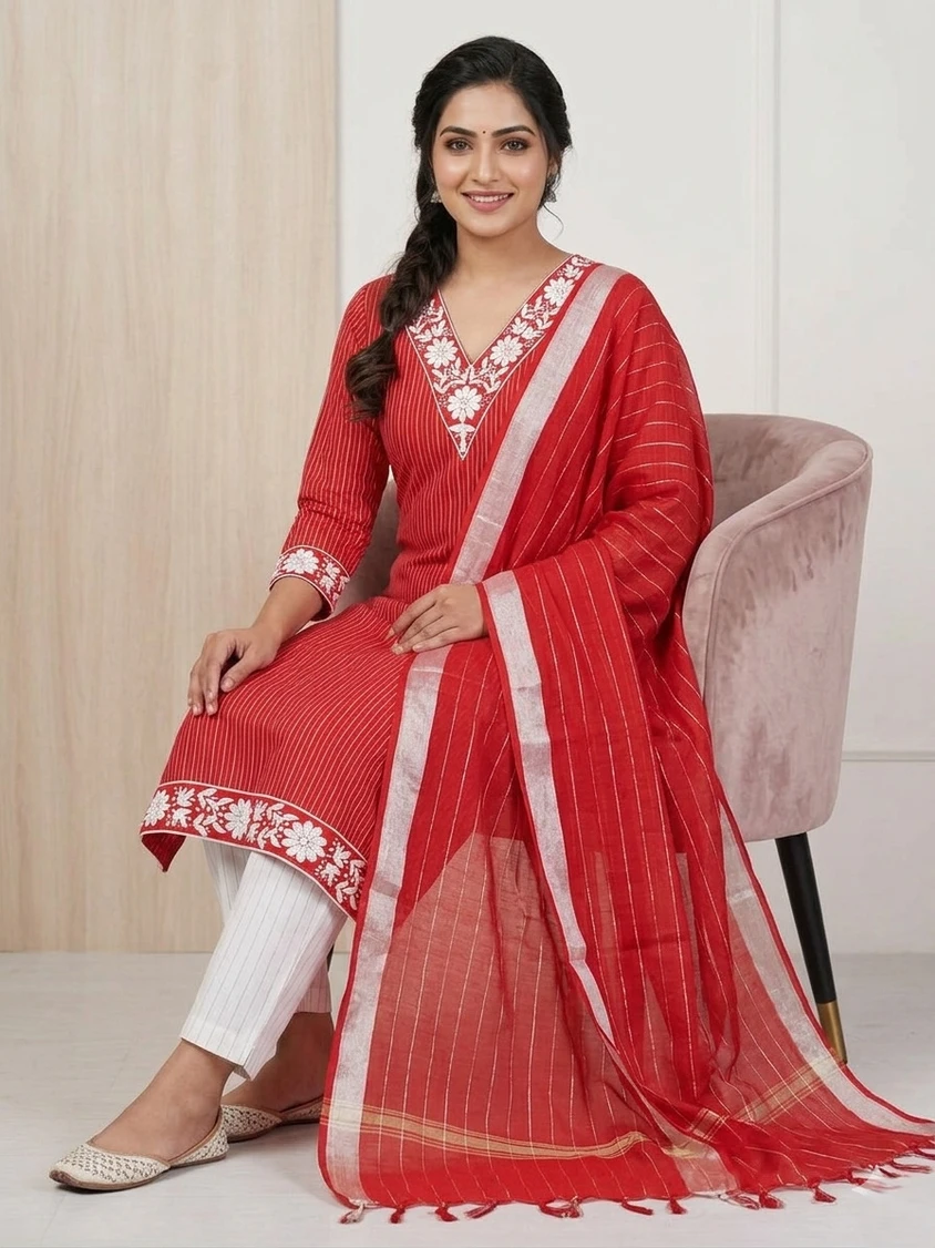 ADAN Women Cotton Blend Kurti Pant Dupatta Set