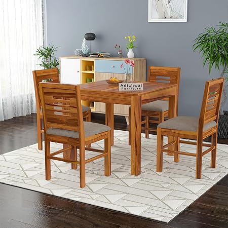 Adichwal Furniture Solid Sheesham Wood 4 Seater Dining Table Set with Cushioned Chairs for Dining Room | Living Room | Home & Office | Hotels Restaurant & Cafe (4 Seater, Honey)