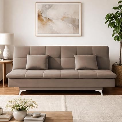 Adorn India Premium New Aspen 3 Seater Sofa Cum Bed 4X6 Velvet Suede with 2 Cushions (Color Camel) and Suitable for All Indoor, with 3 Years Warranty