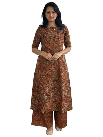 ANNI Designer Women's Viscose Blend Straight Printed Kurta with Palazzo | Elbow Length Sleeve Kurti Set | Close Neck with Back Slit | Soft Comfortable Fabric | 2 Piece Outfit