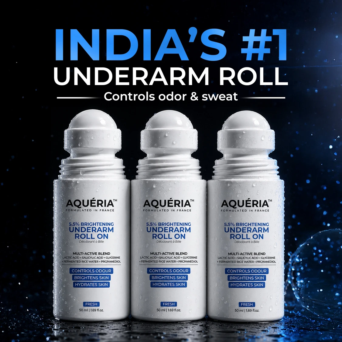 Aqueria Multi Active Underarm Roll On | 5.5% AHA BHA, Niacinamide - Aqua Fragrance Deodorant Roll-on - For Men & Women