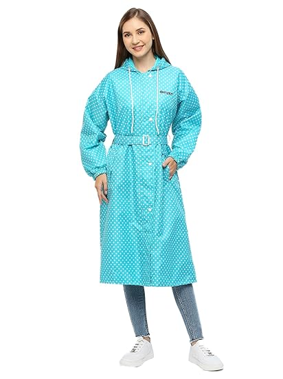 Citizen Polyester Reversible Casual Style Raincoat For Women With Inbuilt Hood,Waist Belt & Matching Carry Pouch|Stylish Polka Dot Design|Durable & Lightweight Rainsuit With High Tearing Strength