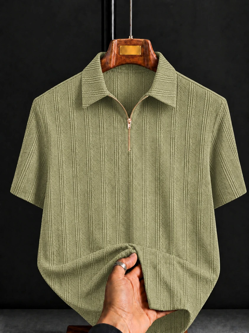 COMBRAIDED Men Self Design Polo Neck Polycotton Light Green T-Shirt