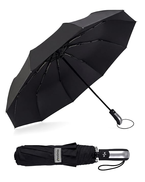 Destinio Umbrella for Man - Large Size 23 inch, Fully Automatic, Windproof Fibreglass Ribs, UPF 50+ Sun Protection, Premium 210T Pongee, Foldable Travel Umbrella for Rain for Men and Women - 3 fold Compact, Black (Auto open auto close)