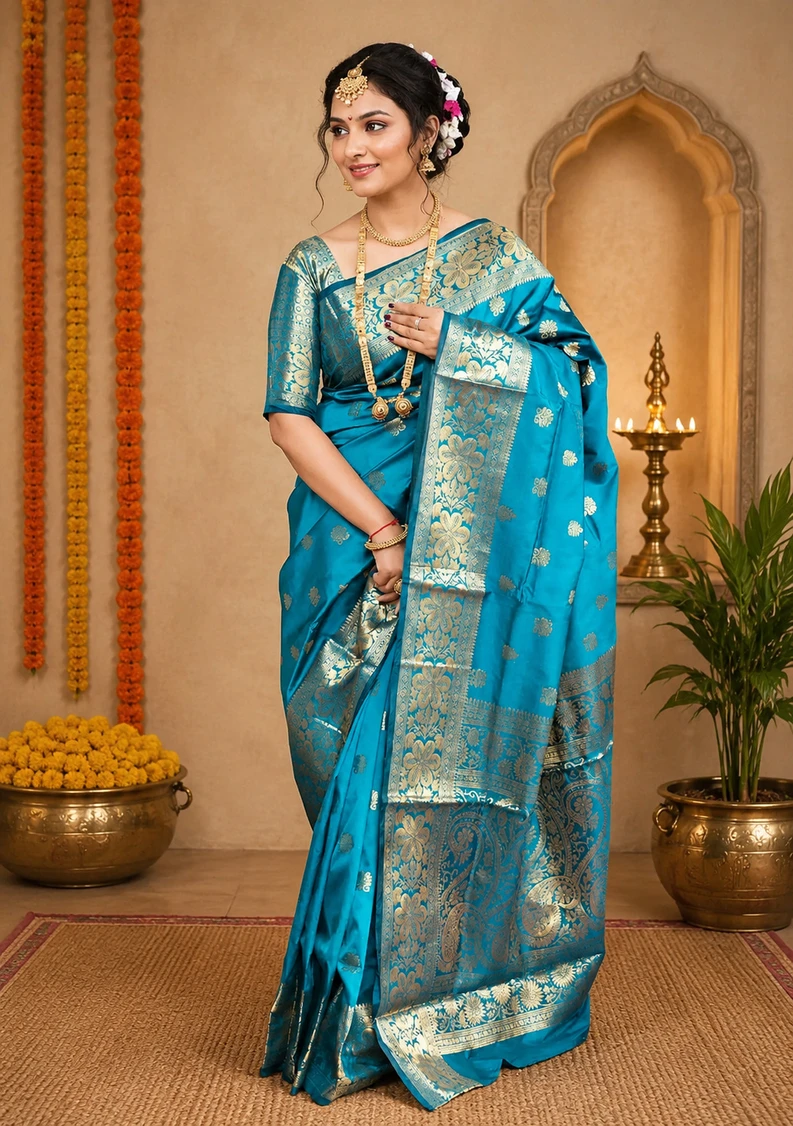 Divastri Woven, Printed Kanjivaram Art Silk Saree (Light Blue)