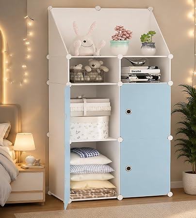 EXVITO 4+2 Door Kids Plastic Wardrobe for Clothes, Foldable Plastic Almirah for Clothes, Collapsible Wardrobe for Storage, Baby Cupboard for Clothes, Storage Rack for Kids - Blue