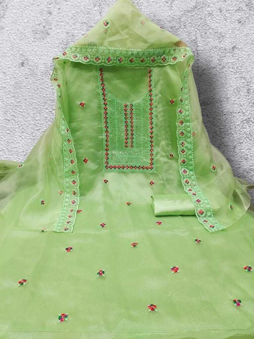 FREYLU Unstitched Organza Salwar Suit Material Embroidered