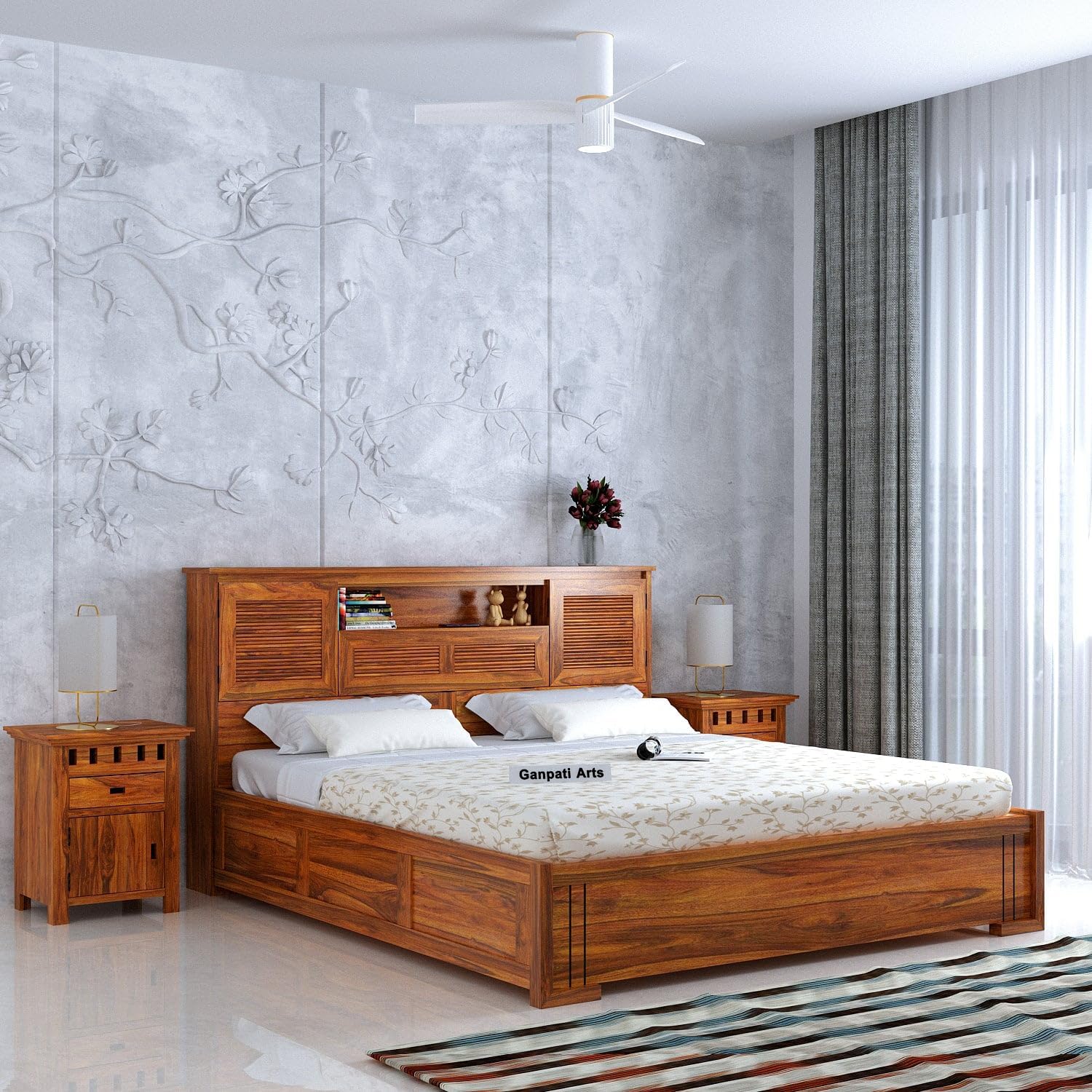 Ganpati Arts Sheesham Wood Maharaja Groove King Size Bed with Box and Headboard Storage | Durable Wooden Double Bed Cot Palang Furniture for Bedroom, Living Room, Home, and Hotels (Natural Finish)