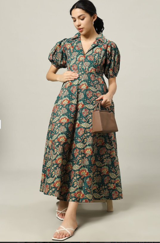 Green Floral Print Puff Sleeve Maternity Midi Dress