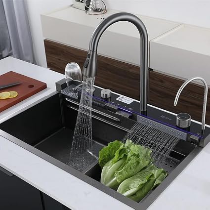 HAPPY HOMES 304 Stainless Steel Kitchen Sink (30 x 18 Inch) with Integrated Waterfall in LED Pannel and Digital Display/Waterfall and Pull-down Faucets, Fruit Baskets & Accessories