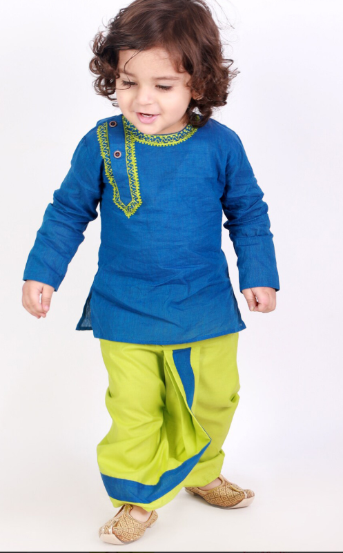 KID1 Boys Blue & Green Emroidered Pure Cotton Kurta with Dhoti Pants