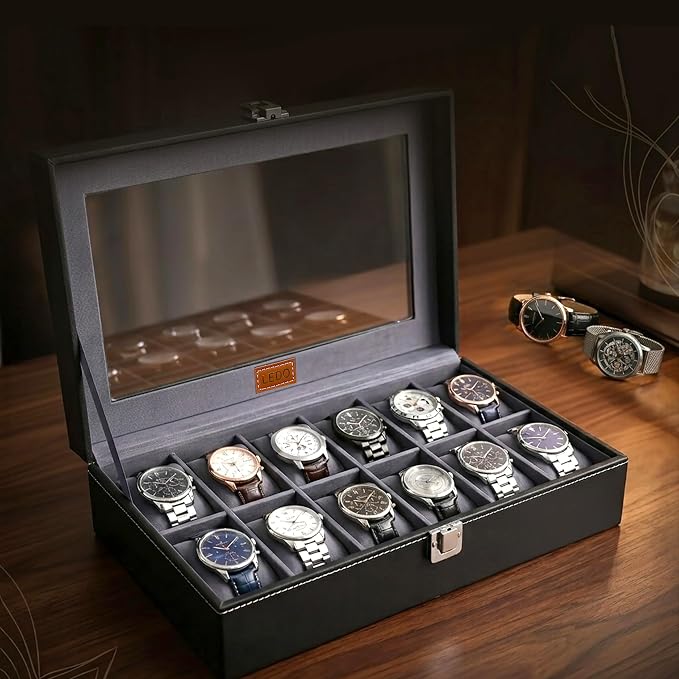 LEDO Men's and Women's Watch Box Holder Organizer Case In 12 Slots of watches In PU Leather with Black & Gray
