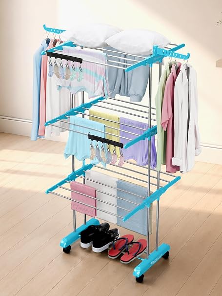 LIVINGBASICS 3 Layer Clothes Stand for Drying, Cyan Blue + 2 Icon Clips