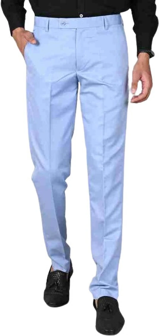 MarcNTailor Men Tapered Light Blue Cotton Blend Trousers
