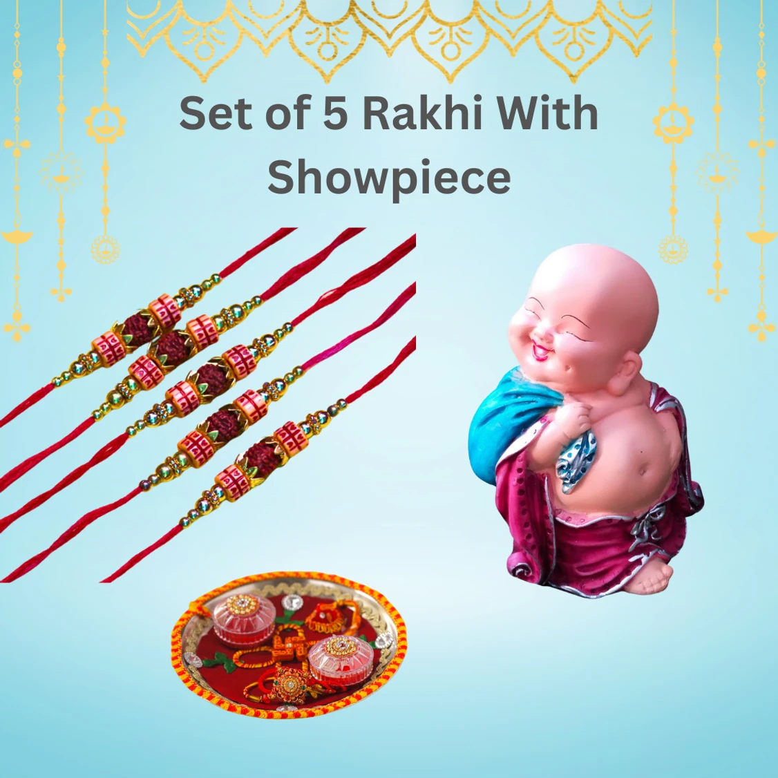 Miss Peach Religious 5rudrakashrakhi+potaliblue Mauli Thread Showpiece Set