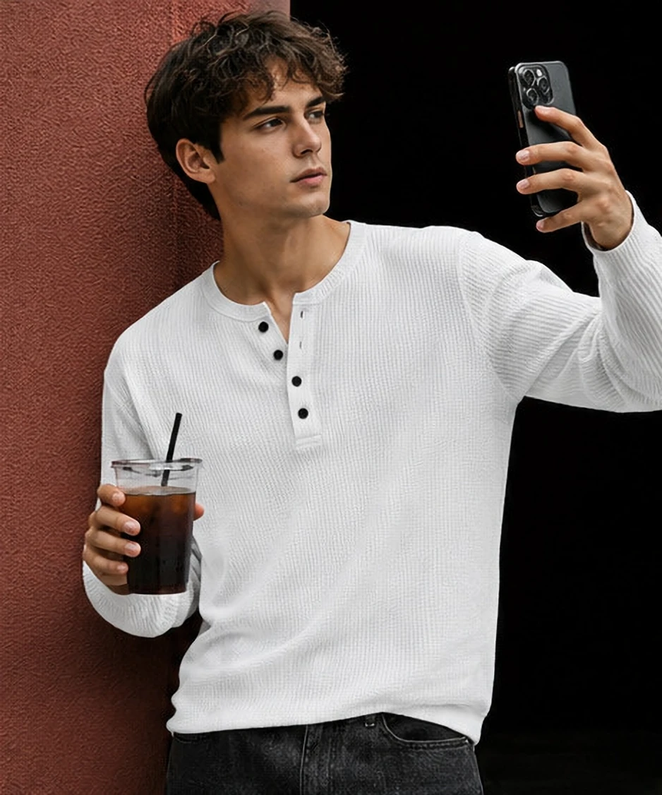 NOOK Men Self Design Henley Neck Cotton Blend White T-Shirt