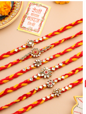 NVR Men Set Of 6 Red & Yellow Kundan Studded Floral Design Thread Rakhi With Roli Chawal