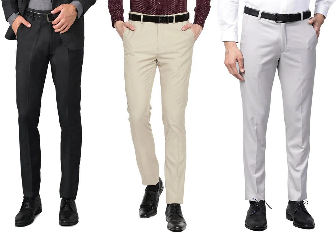 Pack of 3 Men Regular Fit Black, Cream, Grey Cotton Blend Trousers