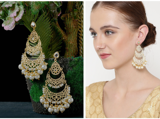 PANASH White & Gold-Plated Pearl Crescent Shaped Chandbalis